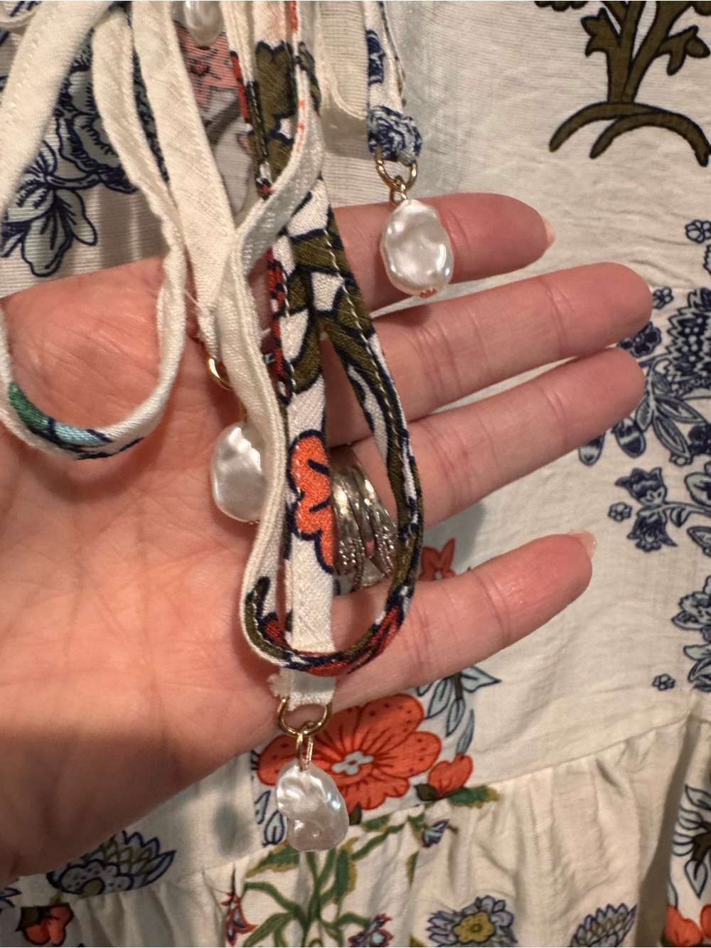 CeCe Cream Floral Tie-Neck Peasant Blouse with Coral and Blue Blooms - Picture 4 of 6